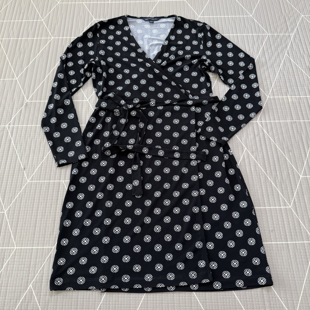 Brooks Brothers 346 Black White Geometric Print‎ Jersey Knit Faux Wrap Dress S/P